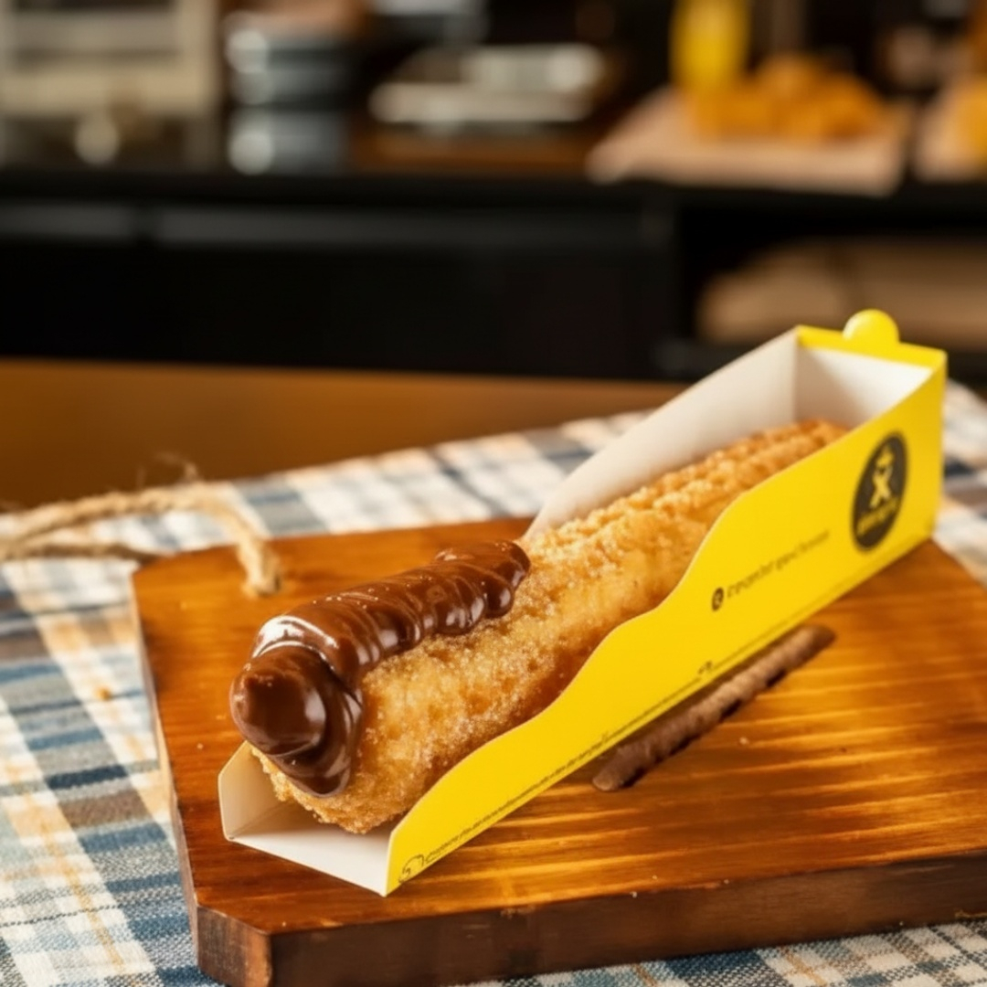 Apresentamos o nosso Churros Tradicional de Chocolate, uma verdadeira delícia preparada com o maior capricho. Trata-se de uma única unidade de churros, feita na hora para garantir a máxima frescura. Este churros é caracterizado pela sua textura super sequinha e crocante por fora, enquanto por dentro, esconde um recheio de chocolate derretido, incrivelmente cremoso. Para finalizar, é delicadamente