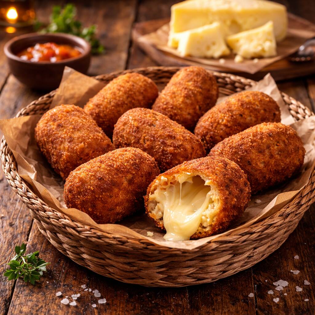 Bolinho de mandioca macio por dentro, casquinha dourada e crocante por fora. Recheado só com queijo Canastra de verdade, que derrete e escorre quando abre. Receita simples, mineira até o osso. É morder e soltar um “nuuu… trem bão demais”.
