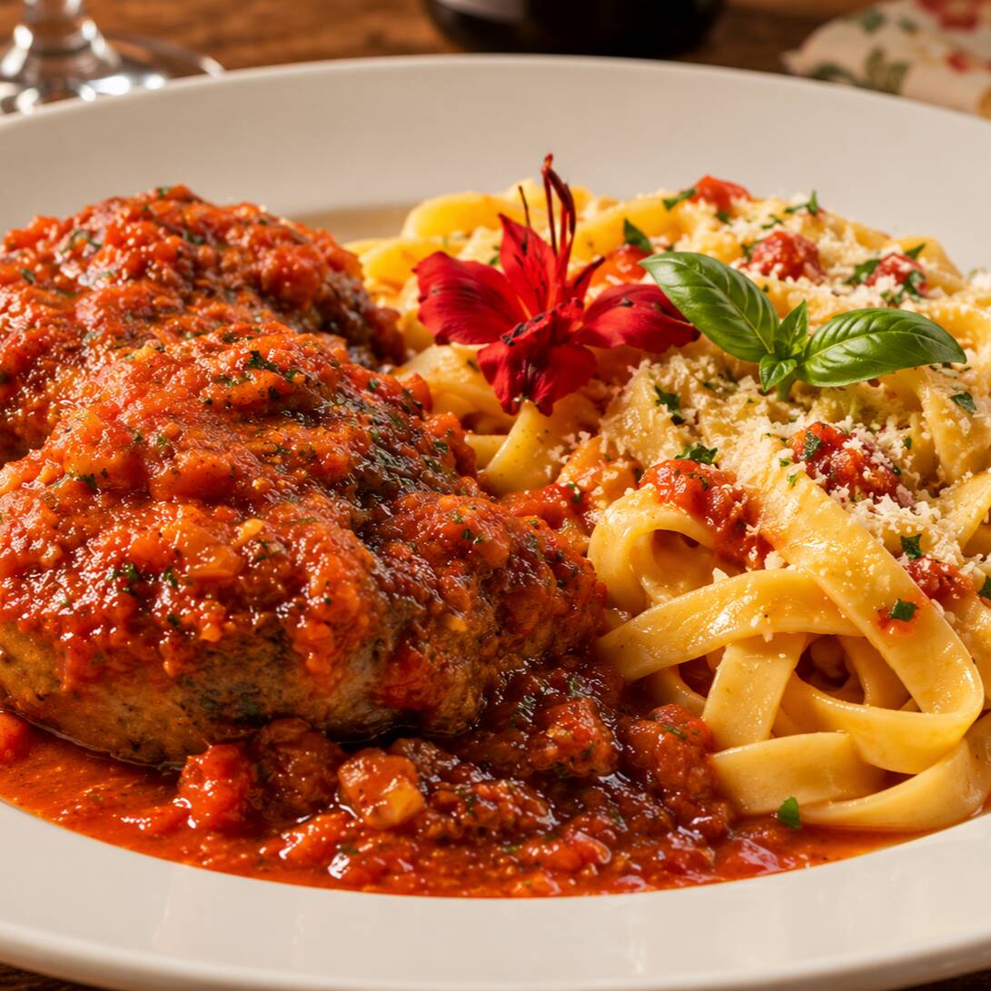 Assado, temperado com ervas finas, acompanha tagliatelle na manteiga (540g)