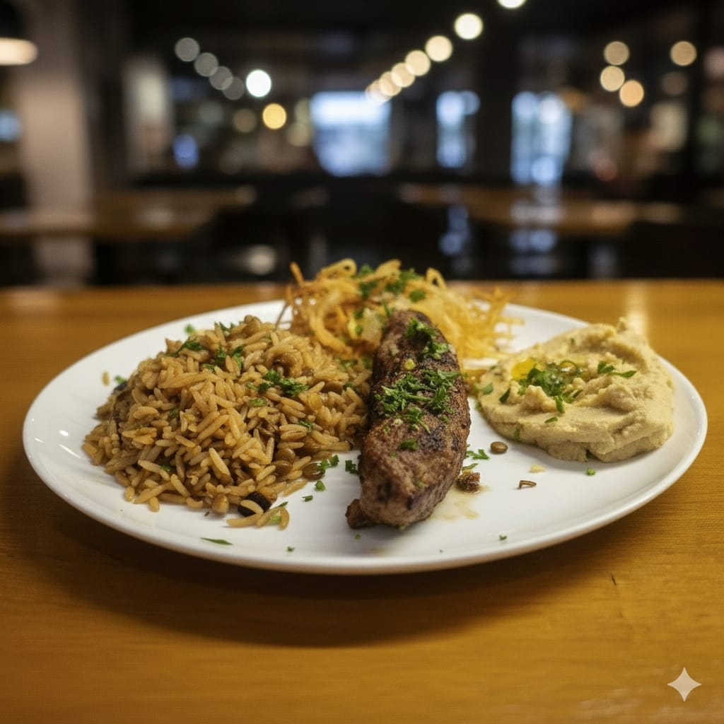Kafta de Carne bem temperado e grelhado, servido com arroz de lentilha aromático, homus cremoso.