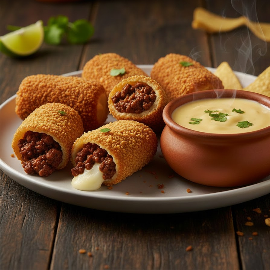 Massa de chilli empanado na farinha de nachos com recheio de mussarela