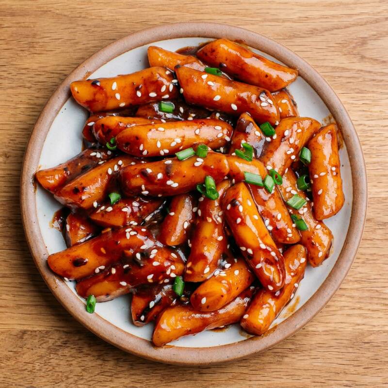 Bolinhos de arroz cozidos em molho coreano jajang.