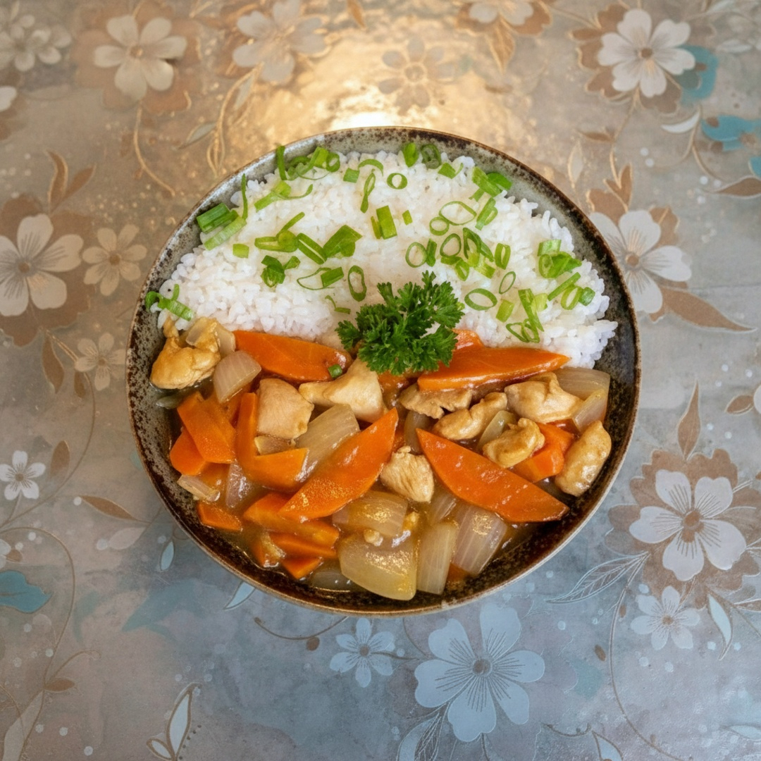 Frango ao molho curry, cenoura, cebola branca e cebolinha, acompanha arroz japonês Gohan.