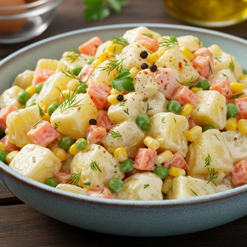 Batata, cenoura, milho, ervilha e maionese da melhor qualidade