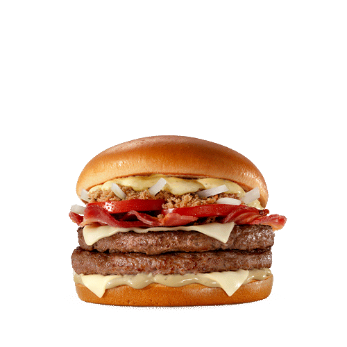 Sanduiche composto por pão tipo brioche, dois hamburgueres (carne 100% bovina), molho emulsionado sabor vinagrete, farofa defumada, cebola fresca, tomate, bacon, molho emulsionado sabor churrasco e queijo processado sabor emental. Imagens Meramente Ilustr