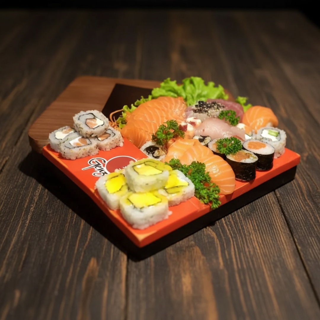 Sashimis: Salmão 3, Salmão Maçaricado 3, Atum 4, Branco 4 Sushis: Salmão 2, Atum 2, Salmão Maçaricado 2 Makimonos: Filadélfia Crispy 2, Uramaki Skin 2, Califórnia 2, Caribe Fresh 2, Ebi Roll 2
