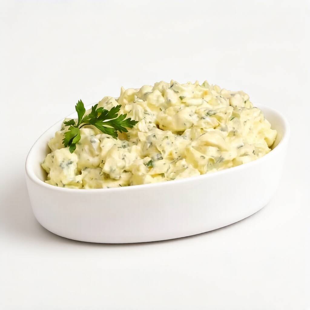 Maionese preparada sempre no dia, com ingredientes frescos, a batata é cozida com casca pra preservar umami, a maionese é feita com leite e óleo no liquidificador, e temperos (mostarda, limão, cheiro verde e pepino em conserva), tudo feito com muito cuidado, pra entregarmos o melhor!!