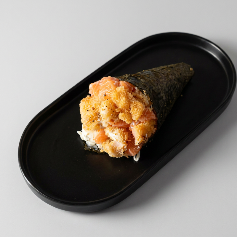 Cone de arroz recheado com camarão empanado, salmão em cubos e cream cheese envolto no nori (Folhas de algas marinhas). - Acompanha: 30ml de teriyaki e 1 sachê de shoyu