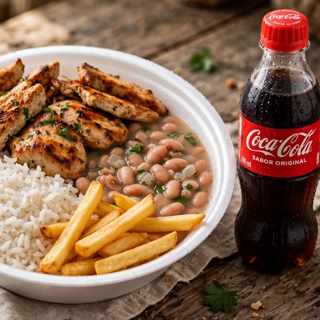 Marmita tamanho M. Composta por arroz branco soltinho, feijão fresco, filé de frango grelhado, batata frita e aquela coca cola 200ml geladinha. Peso aproximado de 550g a 700g