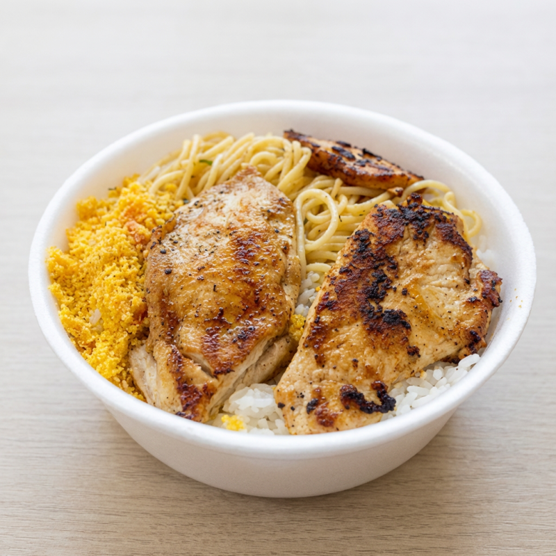 Acompanha, arroz, feijão, macarrão e salada.