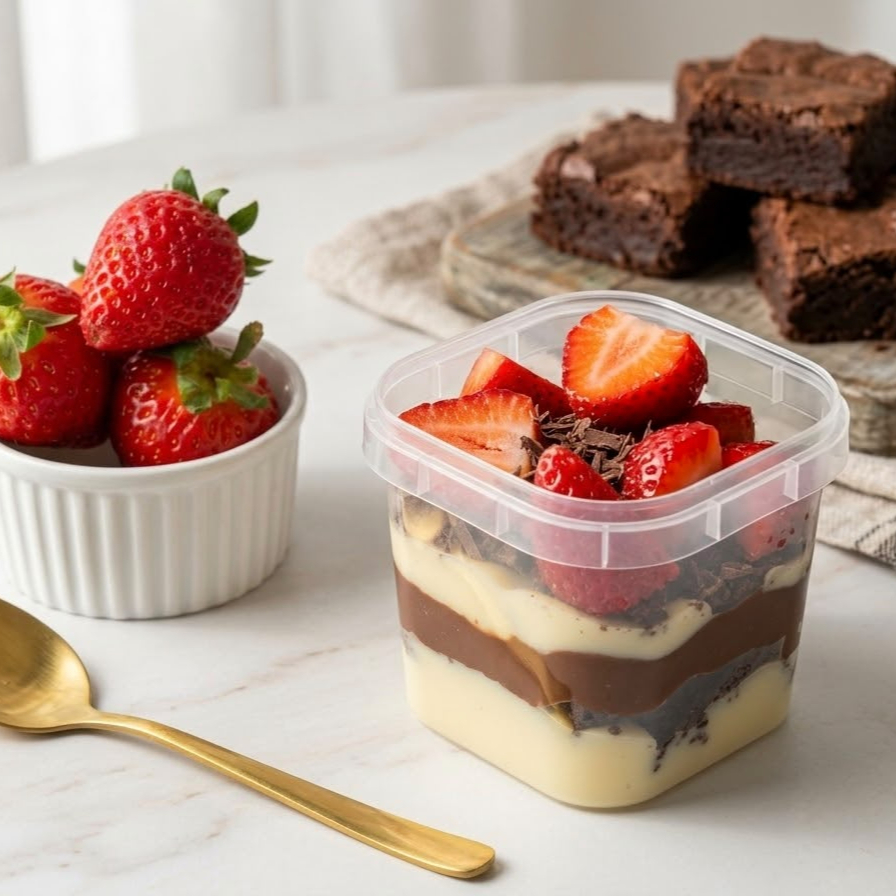 Pedacinhos de brownie com creme de Ninho, Nutella Original e morangos frescos picados . Pote 220ml