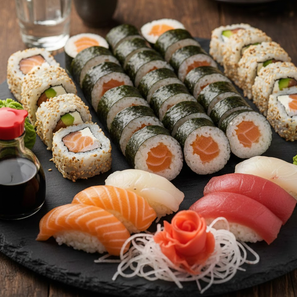 10 Hossomaki de Salmão, 10 Uramaki de Salmão, 2 Niguiris de Salmão, 2 Niguiris de Atum, 2 Niguiris de Peixe Branco