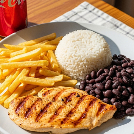 Suculento filé de frango, servido com batatas fritas crocantes e douradas, arroz branco soltinho e nosso feijão com aquele tempero de casa. Escolha uma bebida de sua preferência.