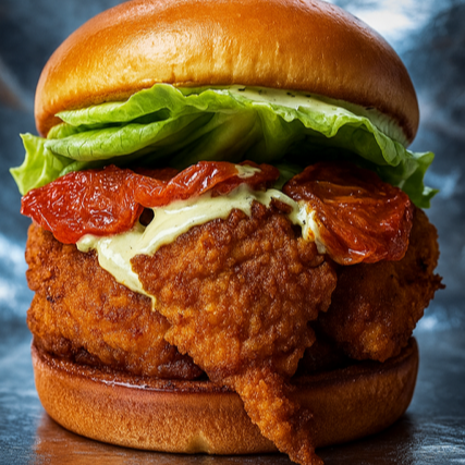 2 FILES DE FRANGO CROCANTE, MAIONESE DE ERVAS, ALFACE CROCANTE E TOMATE SECO NO PÃO DE BRIOCHE