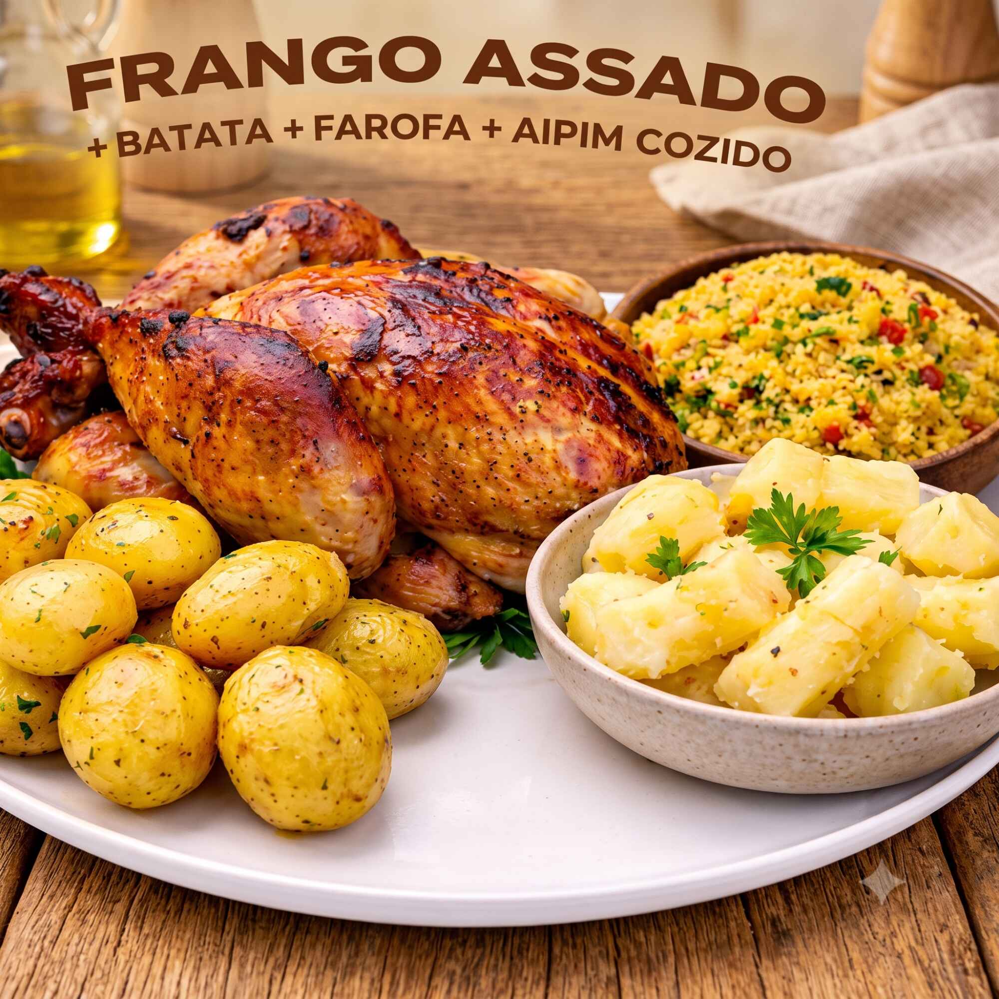 Frango Assado + batata calabresa + aipim + farofa