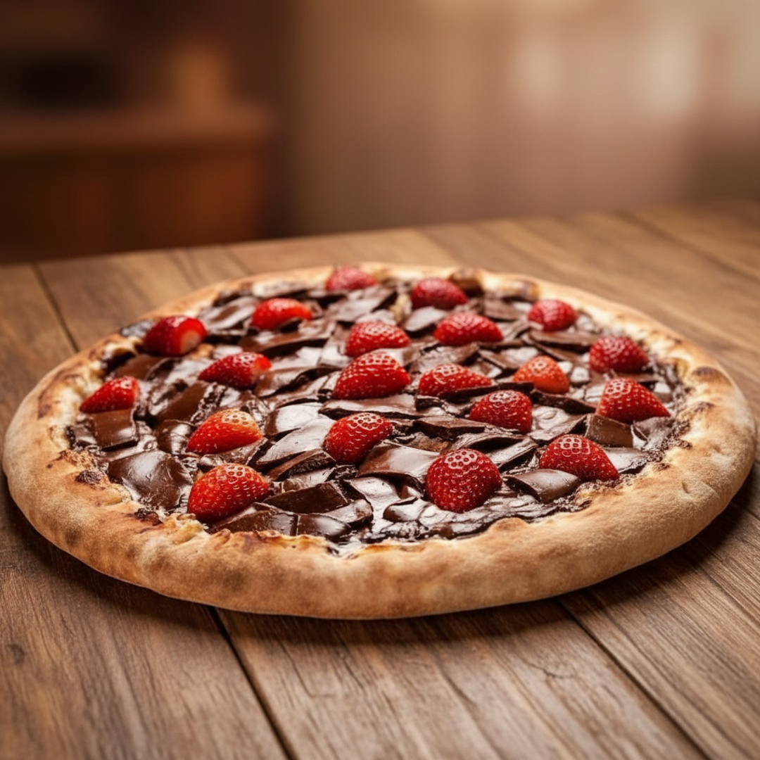 Uma das Pizzas Doces mais Vendidas da Casa! Pizza de Chocolate ao Leite com Morangos! Uma delícia! Você tem que Provar!!!
