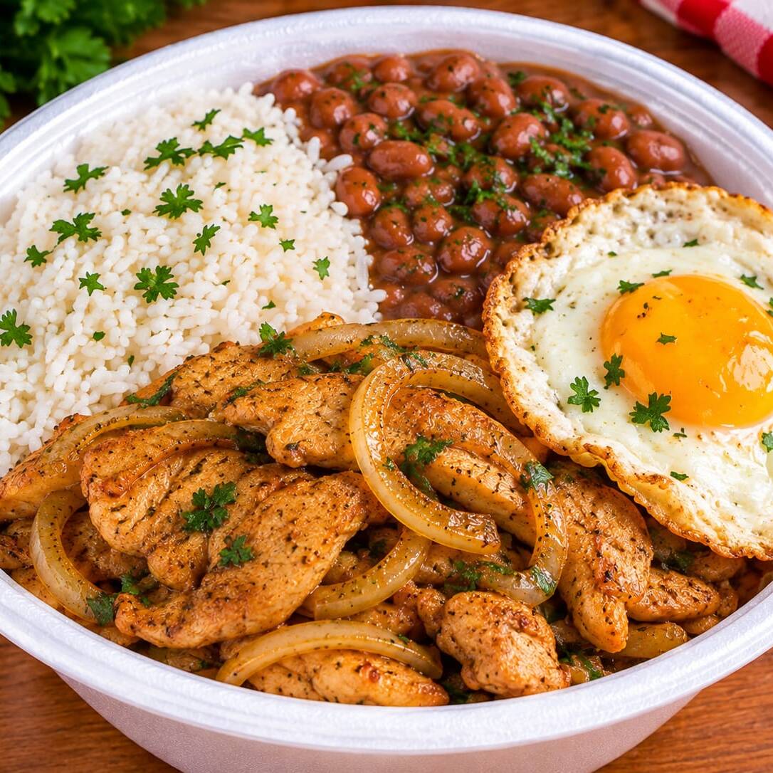 Arroz, feijão, filé de frango suculento, ovo frito e saladinha. Uma marmita completa e saborosa para matar a fome. Aproximadamente 500g