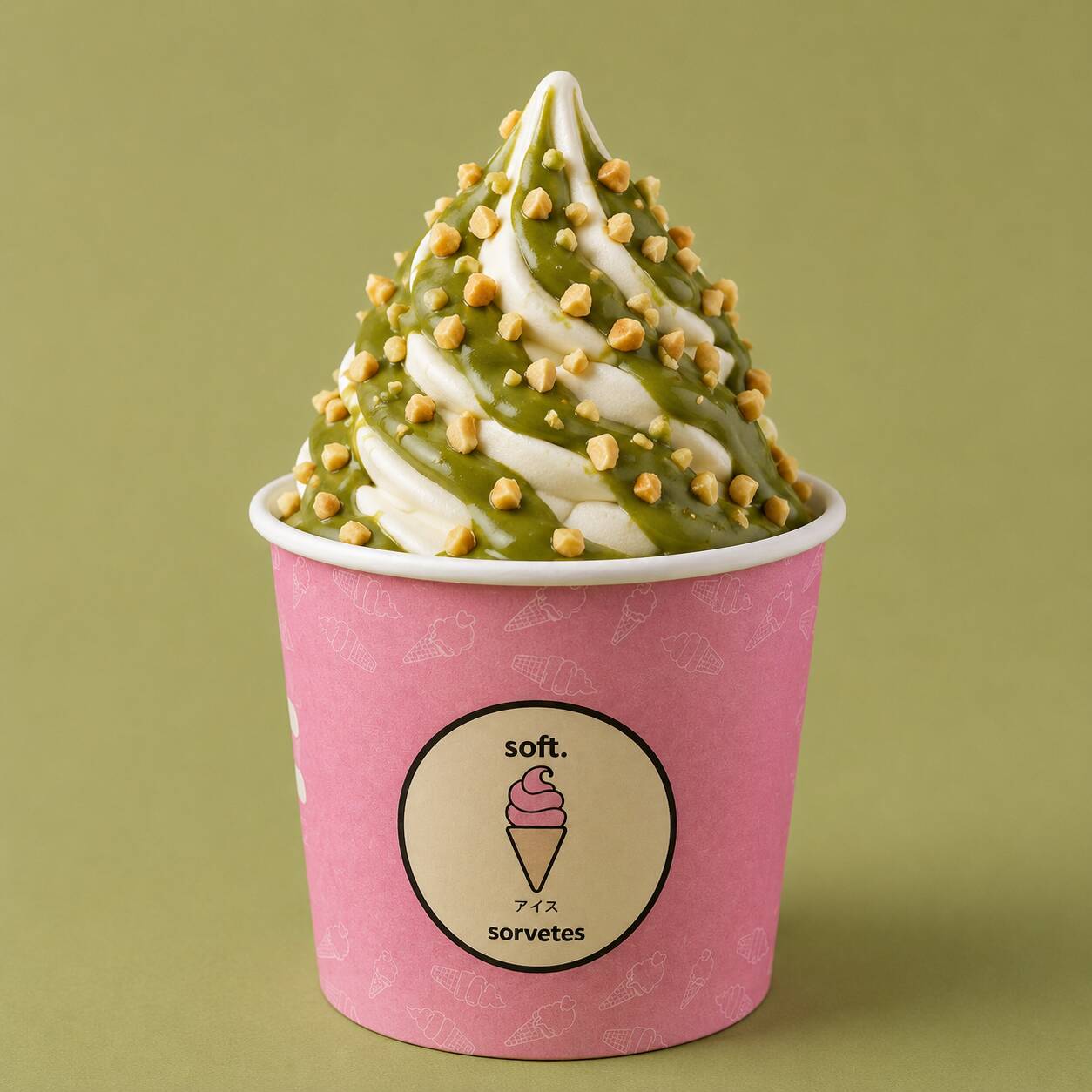Delicado, cremoso e incrivelmente refinado. O Sundae Pistacchio combina o sorvete de baunilha soft com uma autêntica calda italiana de pistache — densa, aromática e com sabor marcante. Acompanha Amendoins Crocantes e um Canudo Biju. Imagem meramente ilustrativa.