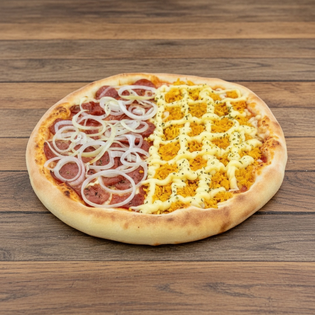 Pizza grande, metade calabresa e metade frango ao catupiry
