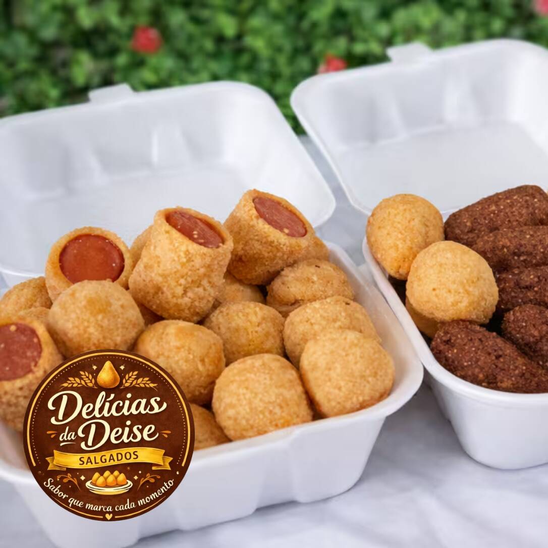 10 coxinhas, 15 maravilhas, 15 risoles e 10 quibes.