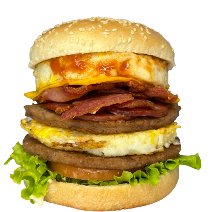 Pão, 2 carnes, 2 ovos, bacon, calabresa, ovo, alface, tomate, ketchup e maionese