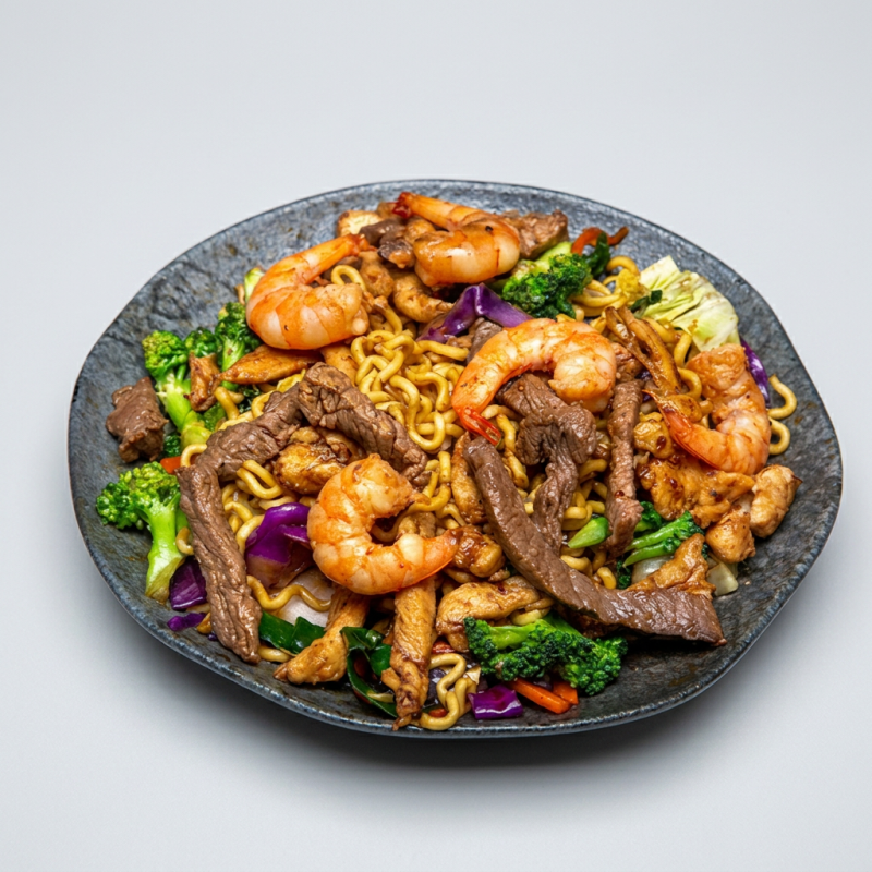 Macarrão, carne, filé de frango, camarão, mix de legumes, refogado no molho shoyu, óleo de gergelim e temperos do chef