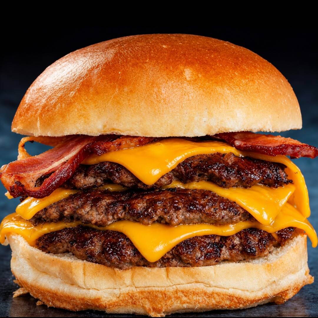 Pão Brioche, Maionese do Chef, 3 burger smash de 80g, Queijo Cheddar, Bacon Grelhado