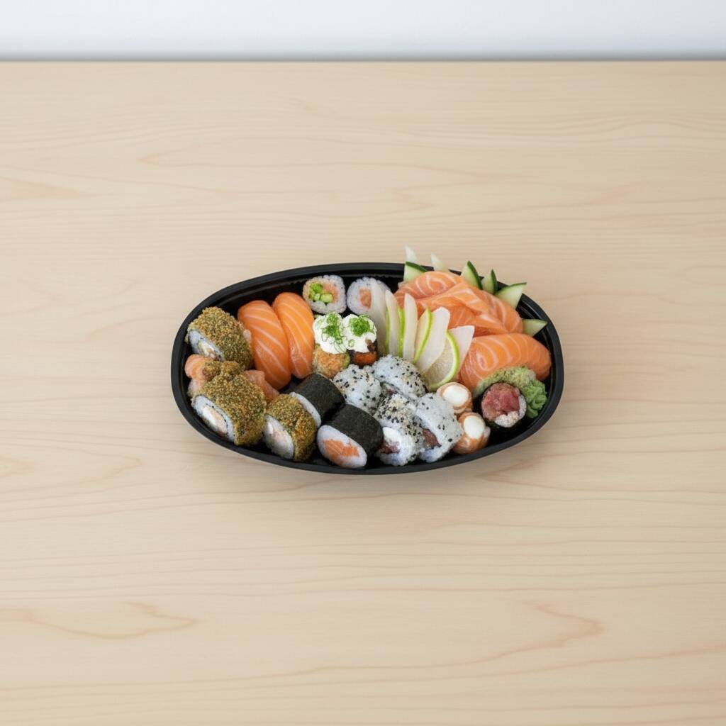 5 sashimis de salmão, 5 sashimis de tilápia, 4 niguiris variados, 6 gunkan variados, 5 uramakis variados e 5 hots filadelphia