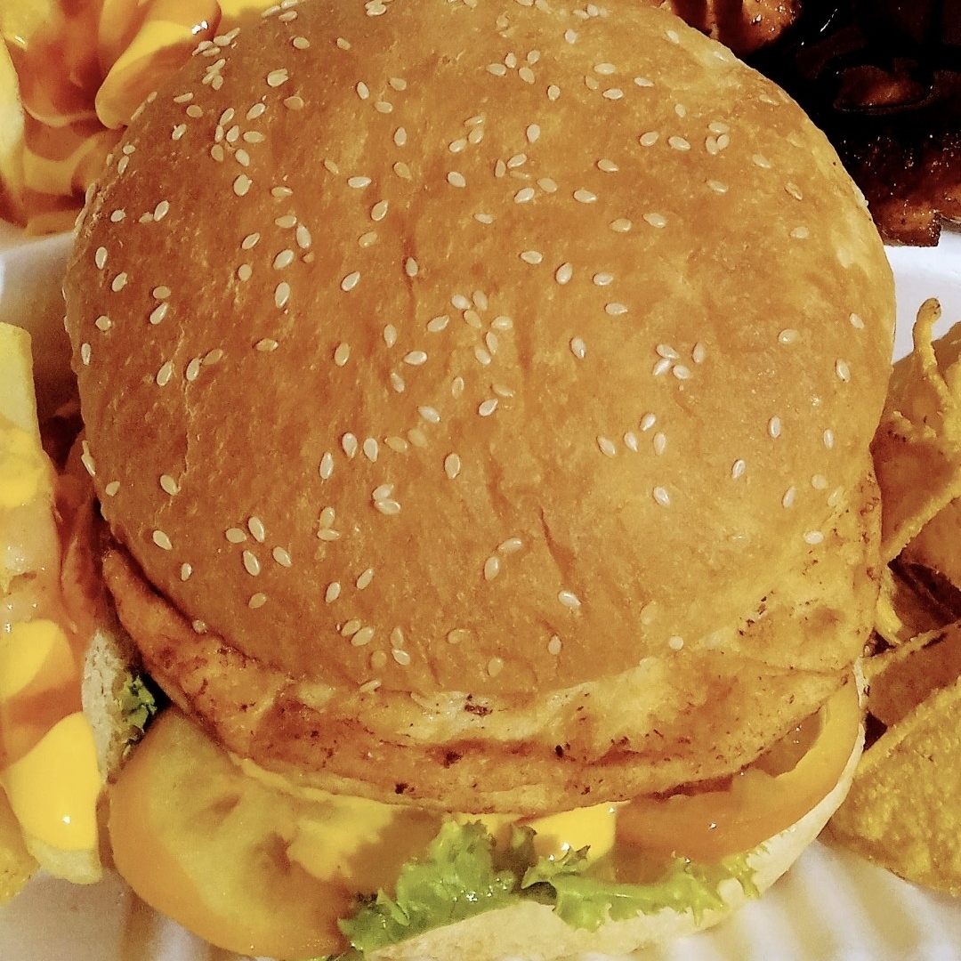 Hamburguesa de pollo papas fritas