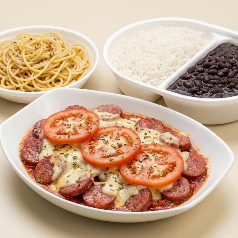 Acompanha: Arroz, feijão, macarrão alho e oleo, linguiça calabresa acebolada fatiada coberta com queijo, molho de tomate, tomate e orégano