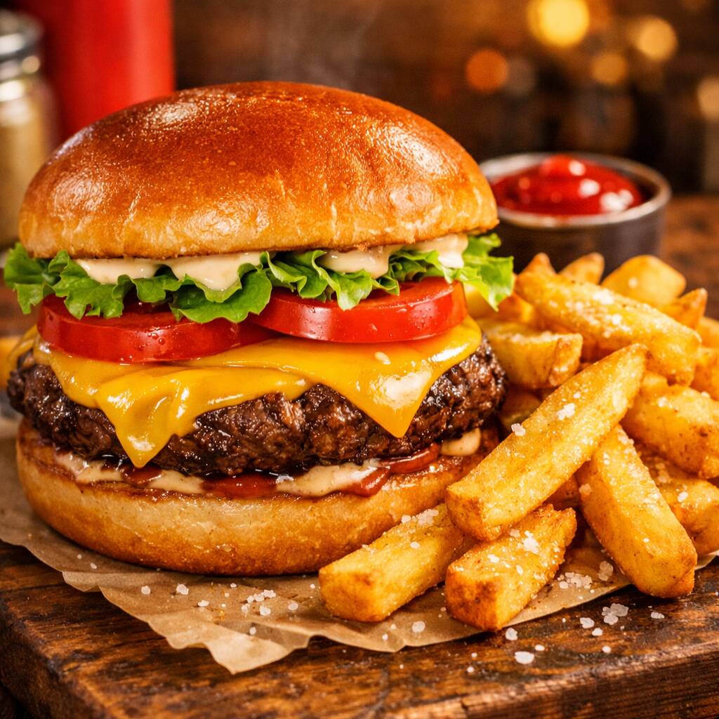 Papas mas Hamburguesa de Pollo