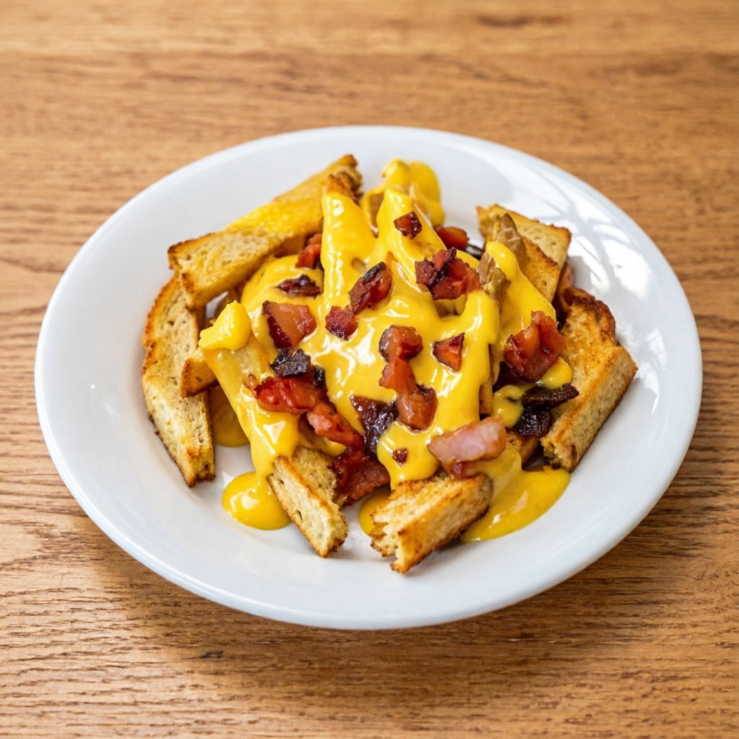 Porção de batata com cheddar e bacon em cubo. Lembrando que batata é um item muito sensível, e em grandes distâncias pode perder um pouco a qualidade.