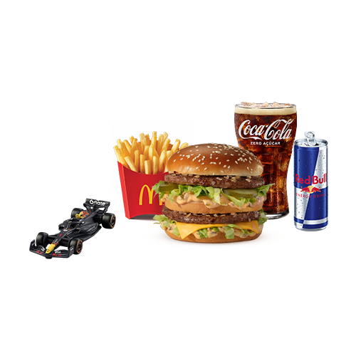 IMAGEM MERAMENTE ILUSTRATIVA. Oferta composta por: 1 (um) sanduíche clássico (Big Mac, Cheddar McMelt, Quarterão ou McChicken), 1 McFritas média, 1 (um) Refrigerante 500ml, 1 (uma) bebida energética Red Bull 250ml e 1 (uma) Miniatura Oracle Red Bull Racing. Itens adicionais ou substituições serão cobradas a parte. ** Para acumular pontos é necessário estar cadastrado no Meu Méqui. O resgate de produtos é válido apenas via McDelivery e Peça e Retire do App McDonalds. Saiba mais em: https://cloud.news.mcdonalds.com.br/meu-mequi