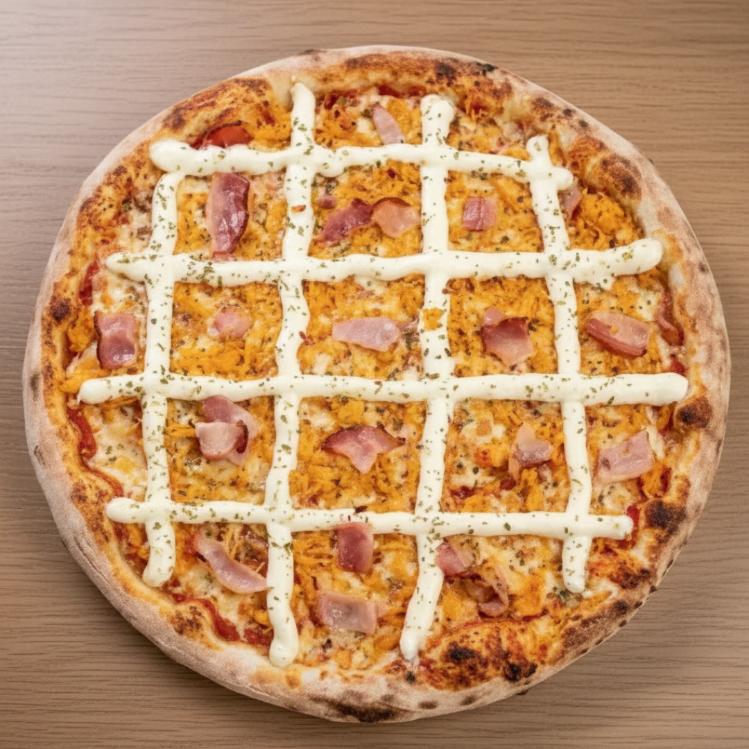 Massa artesanal, nosso molho de tomate, muçarela, frango desfiado, bacon, requeijão cremoso e óregano.