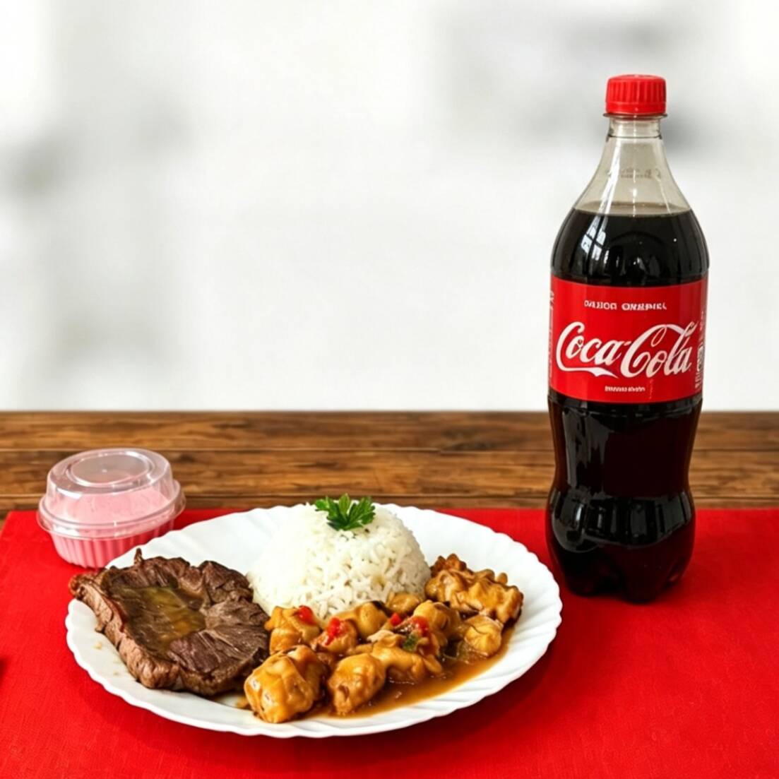 Combo com carne assada suculenta, acompanhada de arroz branco soltinho, uma deliciosa mousse de morango como sobremesa e uma Coca-Cola 1L bem gelada. Uma refeição completa, saborosa e ideal para compartilhar.