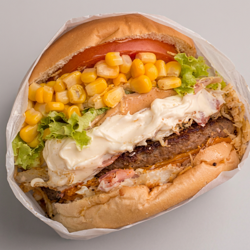 Pão,hambúrguer de picanha 120g,ovo,bacon,queijo,presunto,frango desfiado, Cheddar,batata palha,milho,salada e molho especial