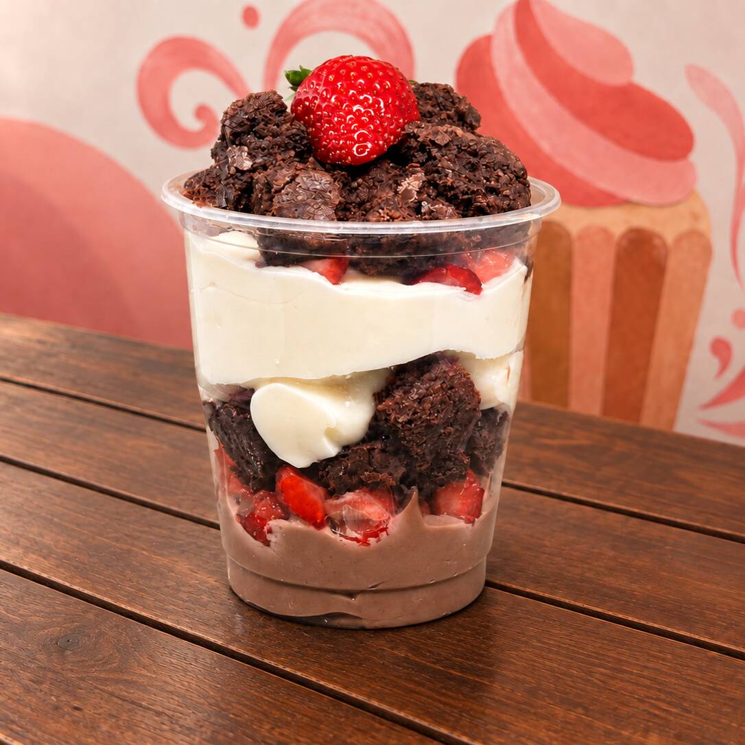 Uma explosão de sabores em um só copo! Nosso Copo da Felicidade de Brownie 2 Amores com Morango é uma combinação perfeita de camadas: brownie macio, brigadeiro gourmet branco, brigadeiro gourmet ao leite e pedaços suculentos de morango. Tudo isso servido em um copo de 200 ml, criando uma sobremesa que é tão deliciosa quanto bonita. Ideal para quem quer saborear a doçura do brigadeiro em duas versões, junto com o frescor do morango, em uma experiência única e inesquecível.