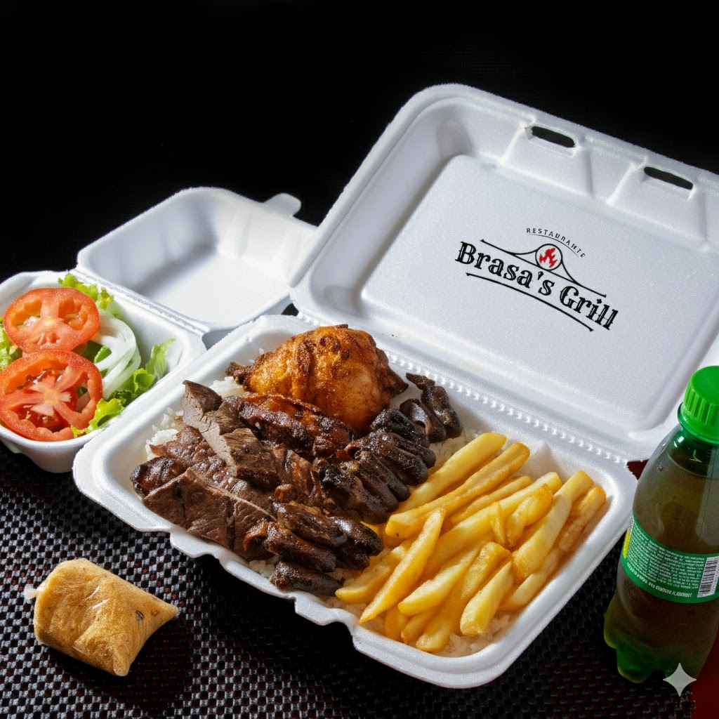 Acompanha frango e coração de frango, arroz, feijão, salada com alface e tomate e fritas + refrigerante.