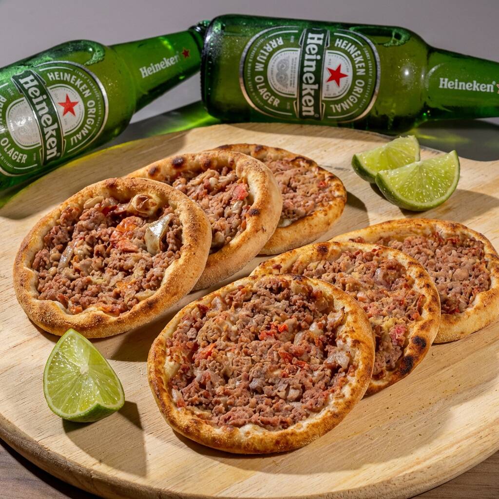 Nesse combo você leva 6 esfihas de carne deliciosas + duas Heineken long neck para acompanhar.