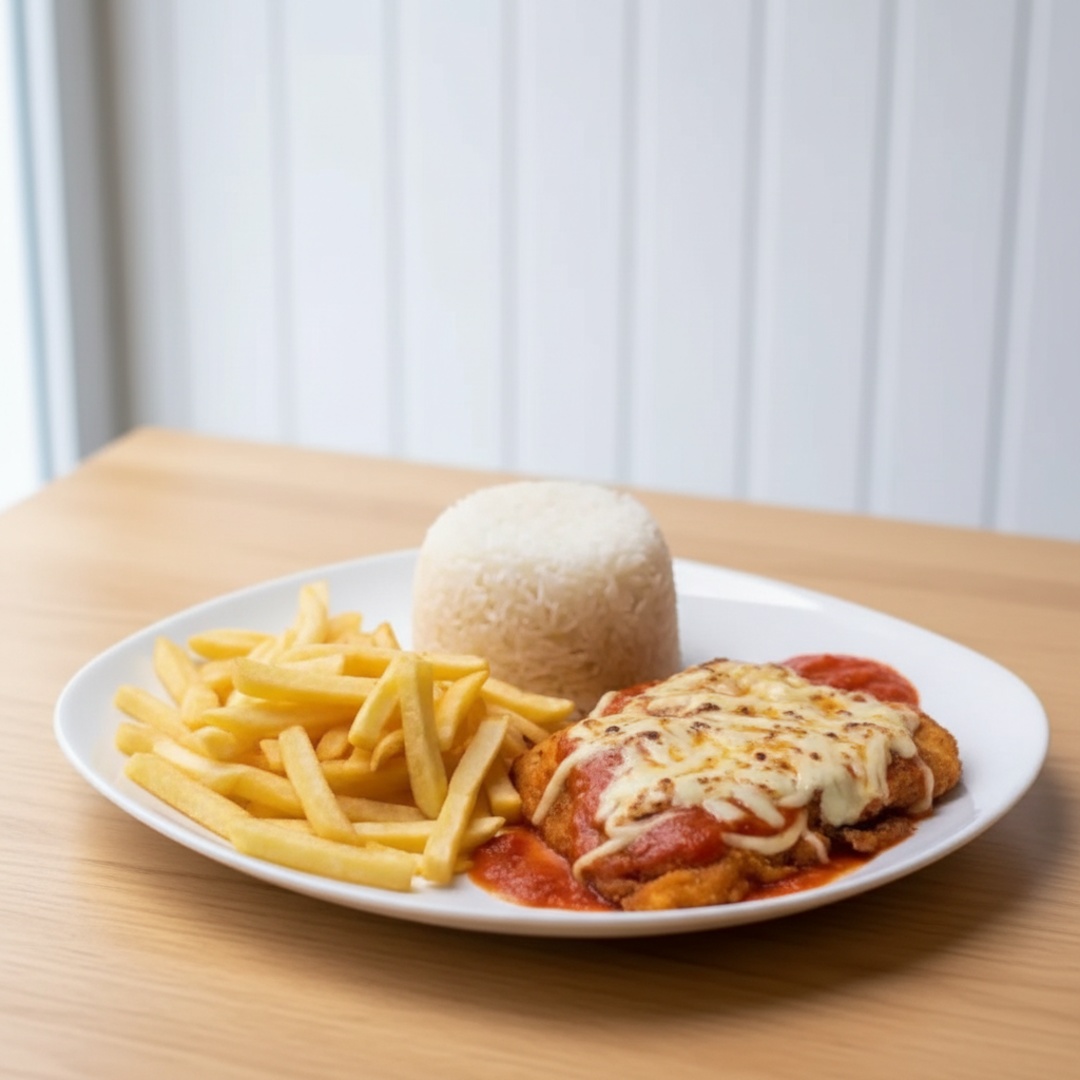 ARROZ, FILE DE FRANGO EMPANADO, BATATA FRITA, MOLHO DE TOMATE E MUCARELA