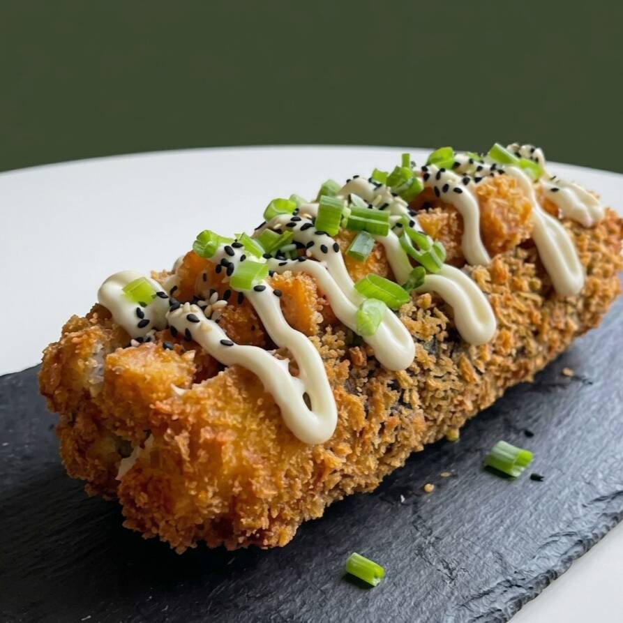 Crocante de verdade. Salmão empanado na panko (ultra crocante), cream cheese, gergelim e cebolinha. O hot roll perfeito pra comer com a mão.
