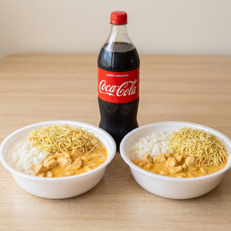 O nosso 'Strogonoff de Frango', um prato classificado como 'Pratos Mais Vendidos'. Ele consiste em um strogonoff extremamente cremoso e com um sabor delicioso. Adicionalmente, é servido com um arroz branco, perfeitamente cozido, que confere uma suave suavidade ao paladar. A batata palha, extremamente crocante, confere ao prato uma textura irresistível. É a combinação ideal para um prato delicioso.