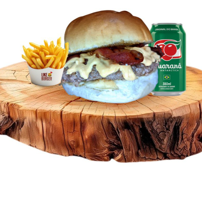 1 like top Smash + 1 batata + 1 refri lata - like top - pão de batata, blend bovino de 60g, cheddar e bacon