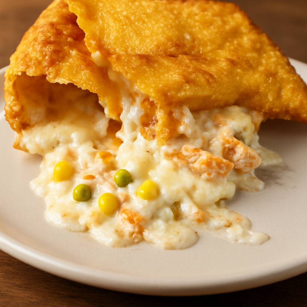 Pastel de Camarão Cremoso 🦐✨ Uma explosão de sabor do mar! Nosso pastel de camarão é recheado com camarões suculentos, envoltos em um creme irresistível de requeijão, creme de leite e muçarela derretida. Para completar, ervilhas fresquinhas que dão o toque final nesse recheio cremoso e cheio de sabor. Crocante por fora, cremoso por dentro — é impossível resistir! 😍🔥