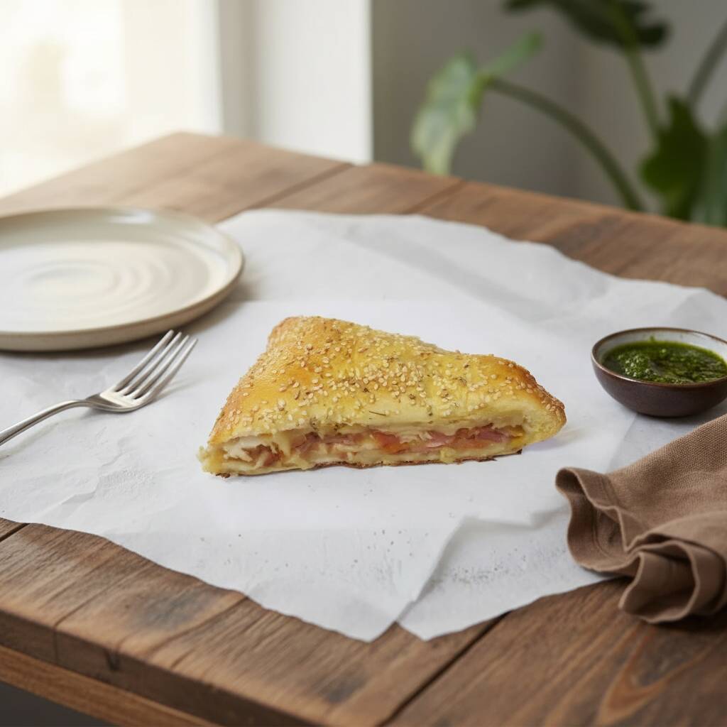 Um delicioso pastel de forno recheado de presunto e queijo.