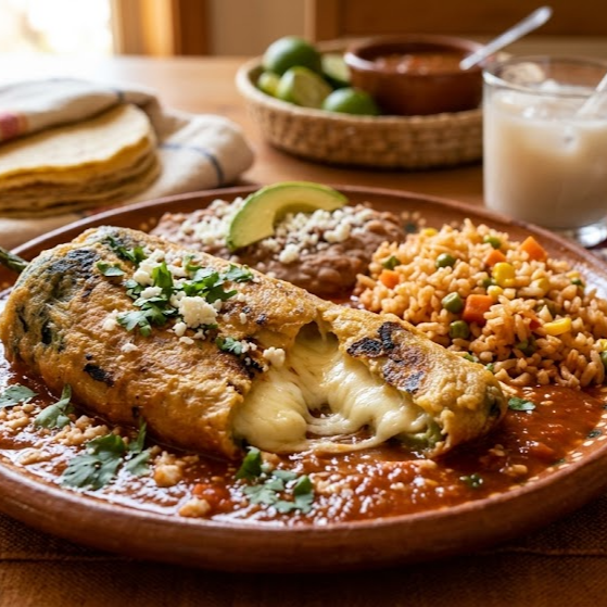 Chile Relleno de Queso Oaxaca con Frijoles