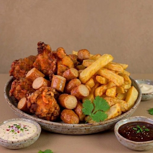 6 Alitas, Papas Fritas y Salchicha