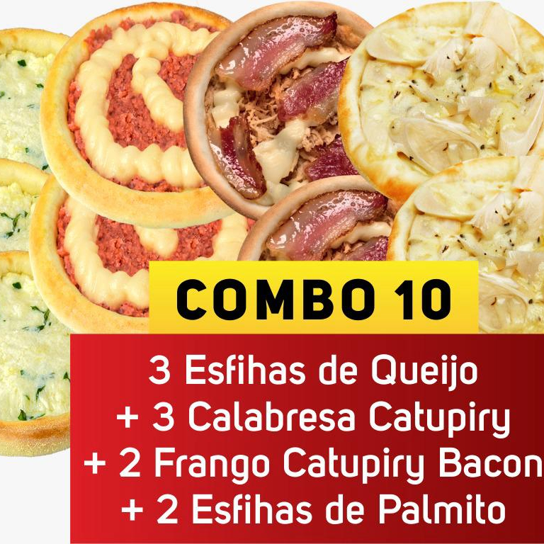 3 de queijo + 3 calabresa + 2 palmito + 2 frango c cat e bacon