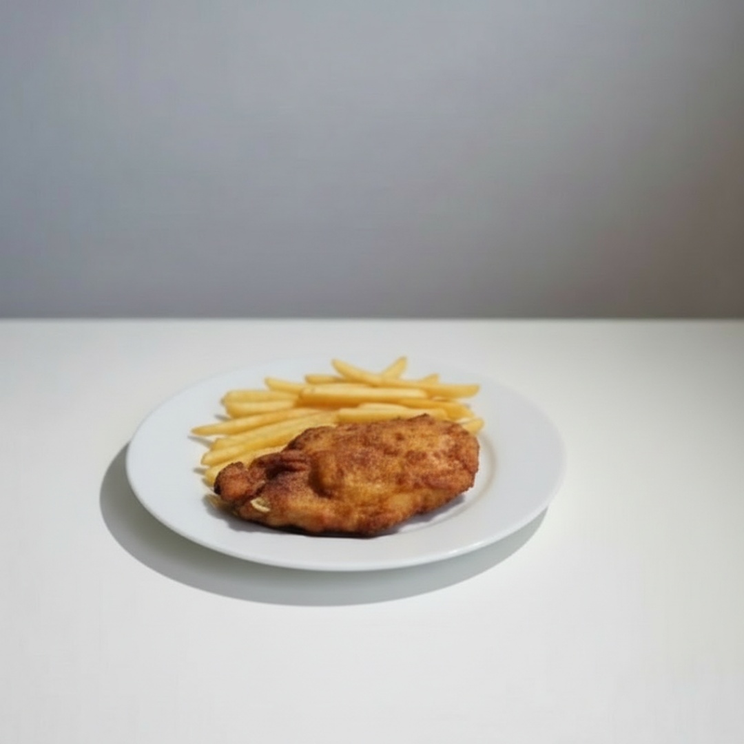 Frango Empanado, Arroz, Feijão e Batata Frita