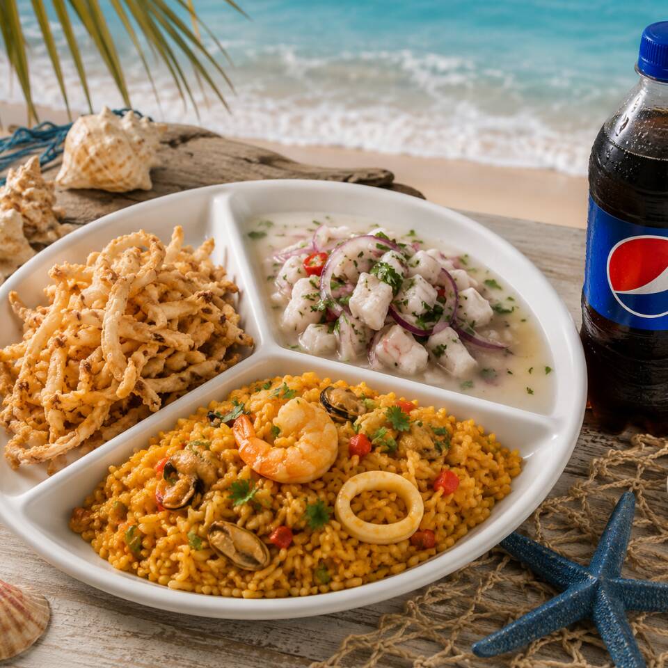1Leches+Arroz C Mariscos+Ceviche+Gaseosa300ml